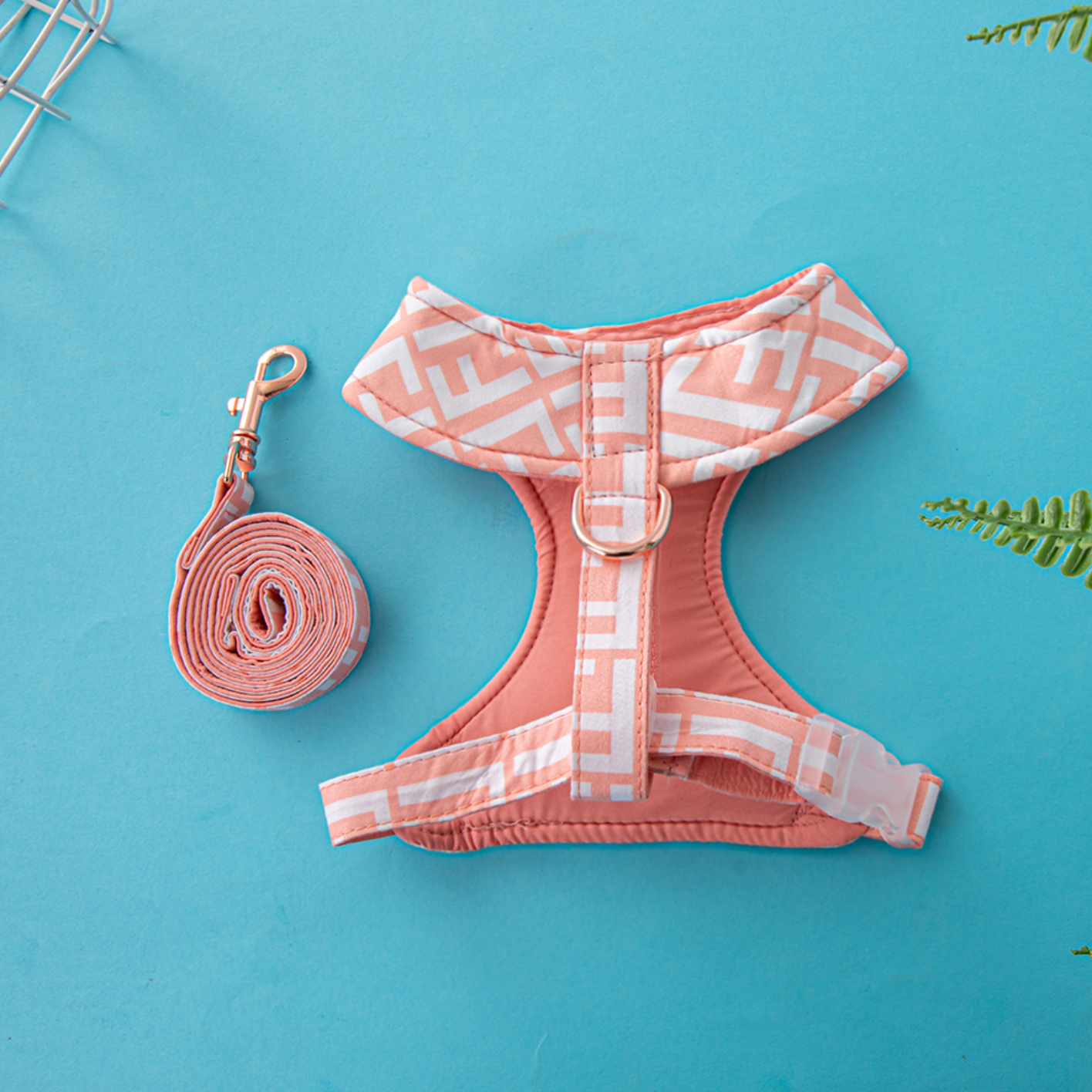 Printed Leash and Harness Set (Peach)